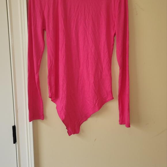 NWT Sheiugu Hot Neon Bright Pink Mock Turtleneck Long Sleeve Bodysuit Top - Picture 2 of 7